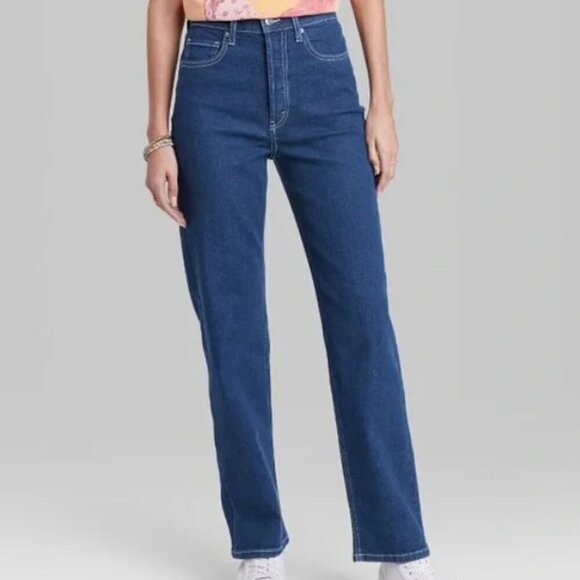 NWT Women's Super-High Rise Contrast Stitch Straight Jeans-Wild Fable-Dark Blue - Picture 1 of 3